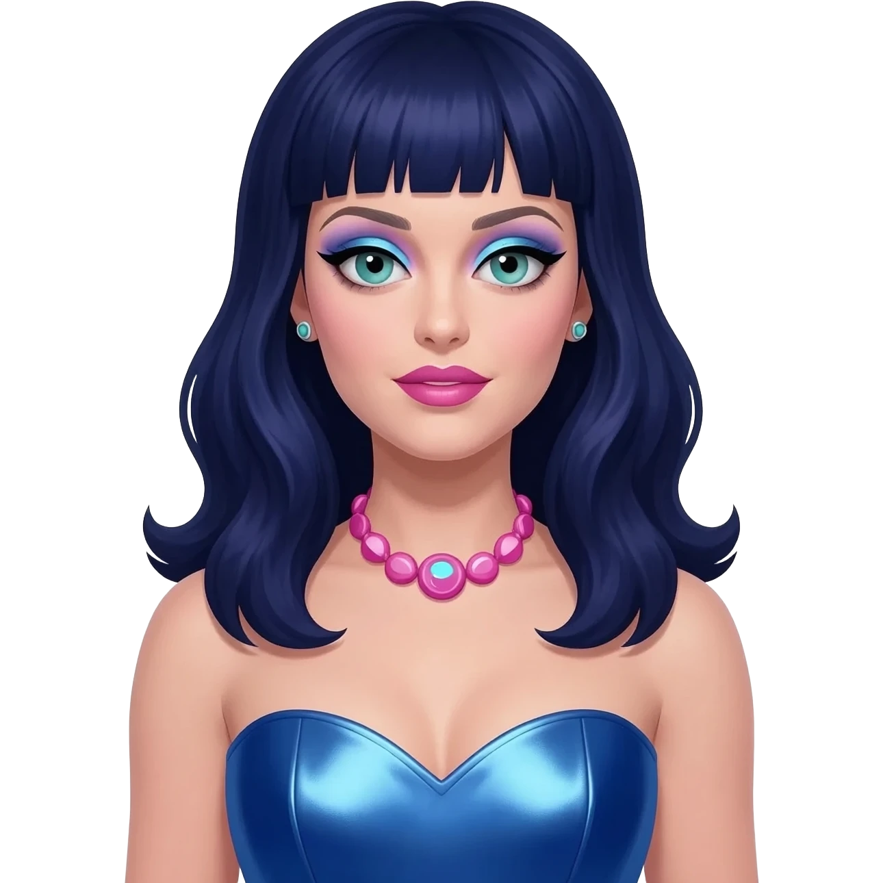 Katy Perry with teal eyes, long dark indigo hair, periwinkle eyeshadow, pink lipstick, cobalt blue metallic sweetheart dress, pink necklace and short earrings emoji
