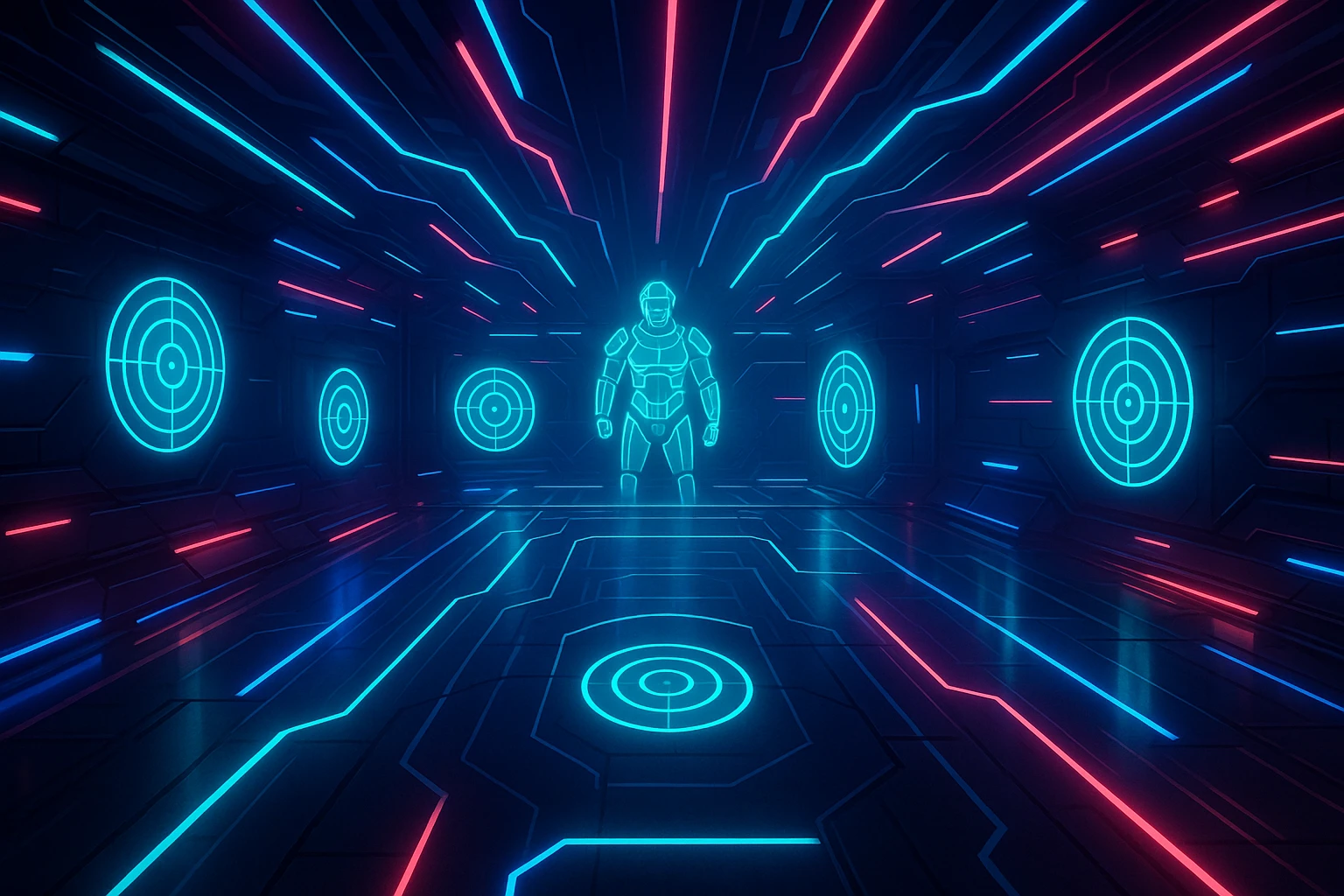 virtual combat training space, sleek sci-fi arena, holographic targets, neon lights, energetic atmosphere, no text emoji