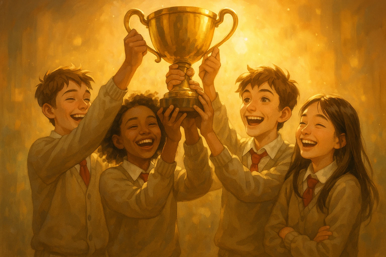 four students lifting a trophy, warm atmosphere, semi-realistic style, golden light emoji