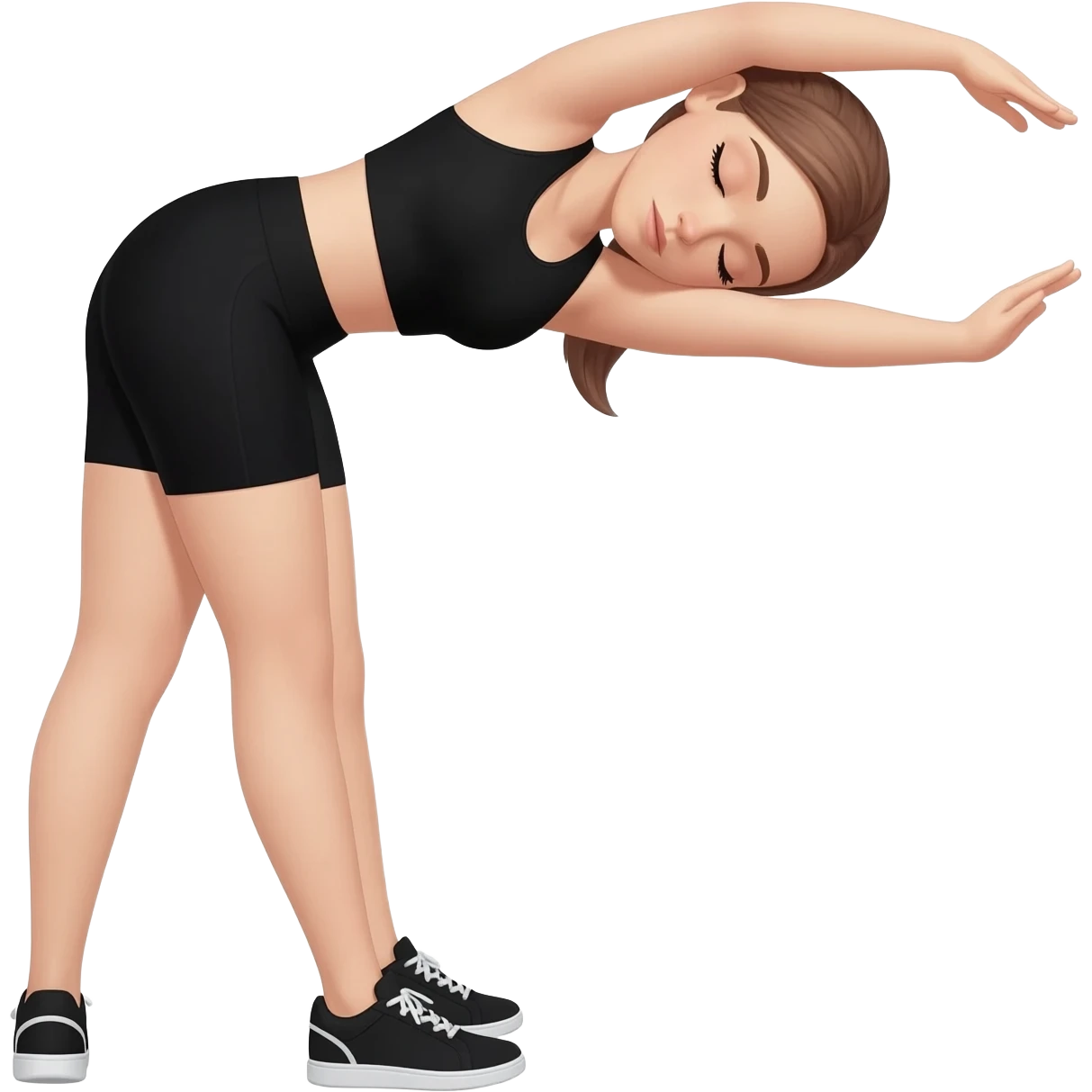gentle bedtime stretch with sleepy mood, fair-skinned woman, gray-blue eyes, ash brown brows, ash light brown hair tied back, slim athletic body, black workout set, black sneakers with white soles emoji