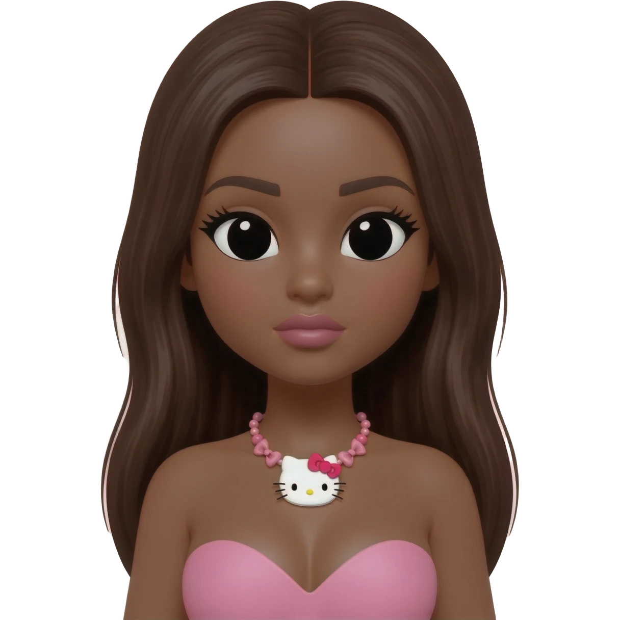 hello kitty necklace, doll eyes, Doll, big chest, dark brown skin, with middle part long dark brunette hair,  black cute eyes, pink bows with cute lips emoji