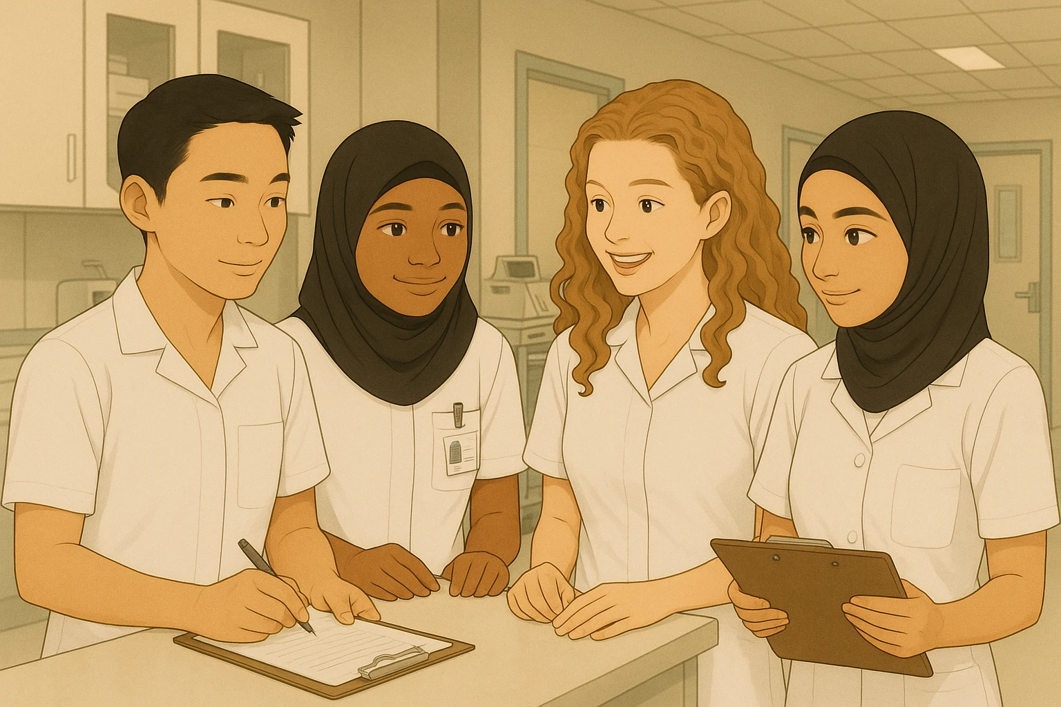 Remove the stethoscopes from the image. Modify the nursing students' outfits so that they are all white, closed, short-sleeved, without undershirts. Maintain a realistic style and keep the hospital ambiance. emoji