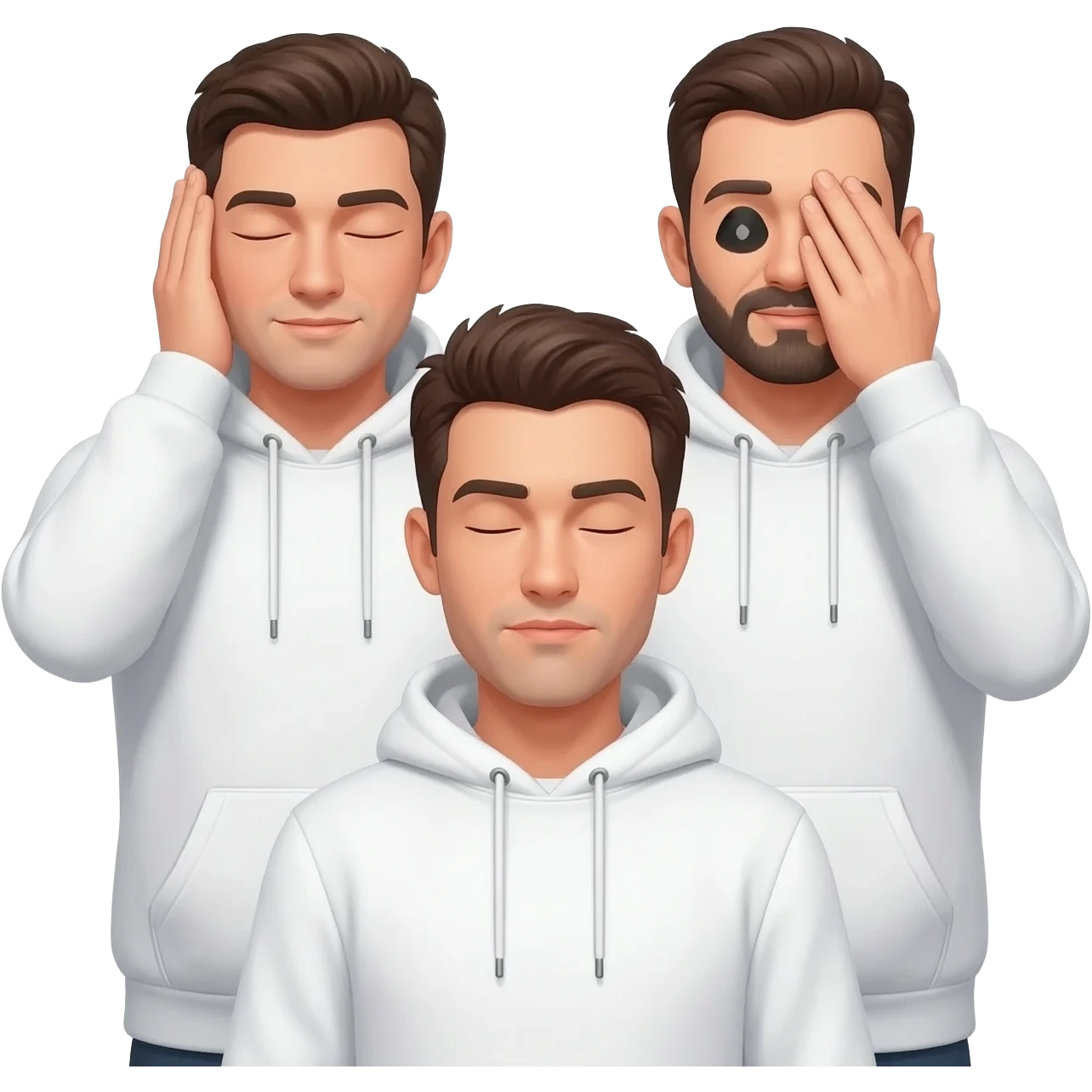 3 homme avec des cagoules blanche , 1 qui se cache les oreilles , 1 qui se cache la bouche , 1 qui se cache les yeux emoji