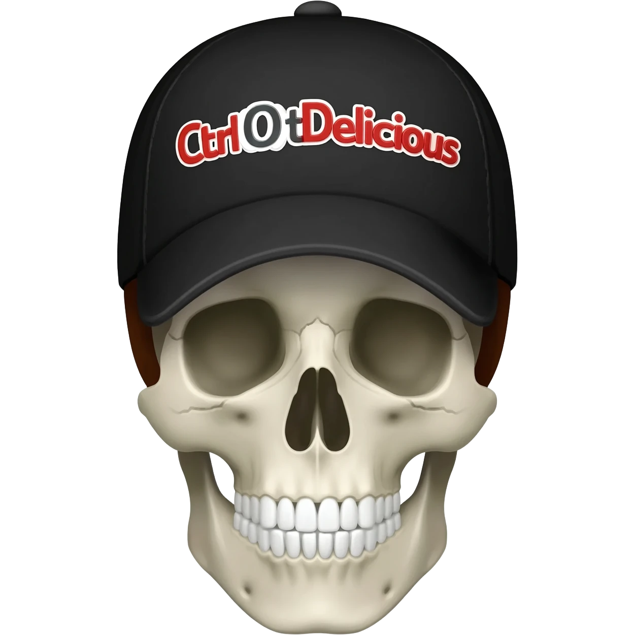 Create a skeleton head wearing a black baseball cap that says " CtrlAltDelicious " in Red, and white lettering, with brown hair emoji