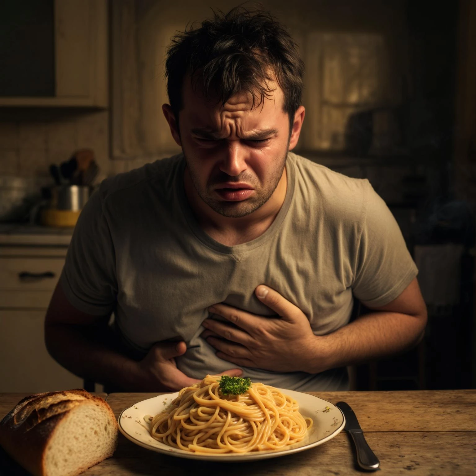 A man in his mid-30s sitting at a kitchen table with a plate of pasta and bread in front of him, looking uncomfortable and conflicted. His facial expression shows bloating, fatigue, and mild abdominal pain. One hand is on his stomach, the other hesitating to eat. emoji