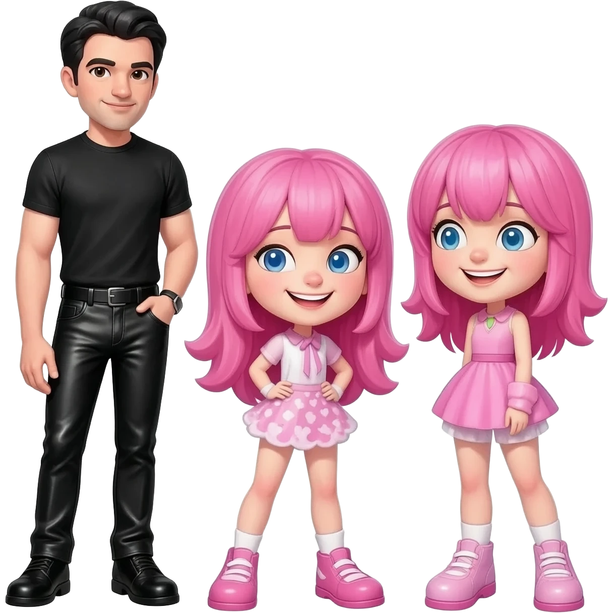 White guy leather pants with 2 candy shop girls w pink hair emoji