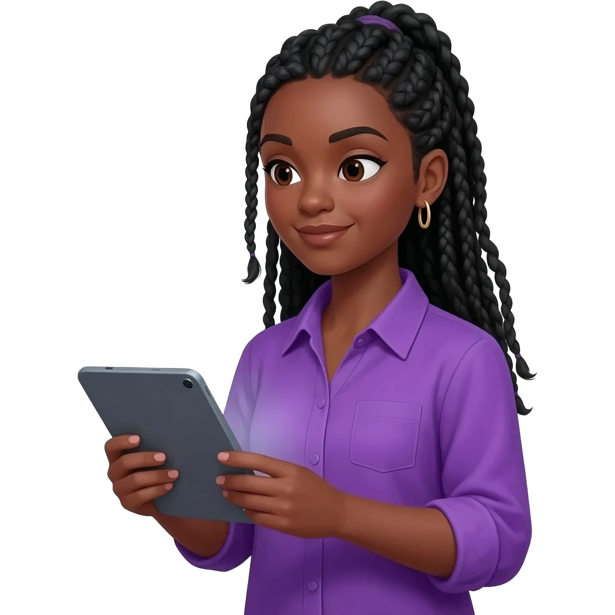 Émoji représentant une femme peau marron avec des longues nattes noires, une belle chemise violette regardant une tablette digitale super avancée dans ses mains emoji