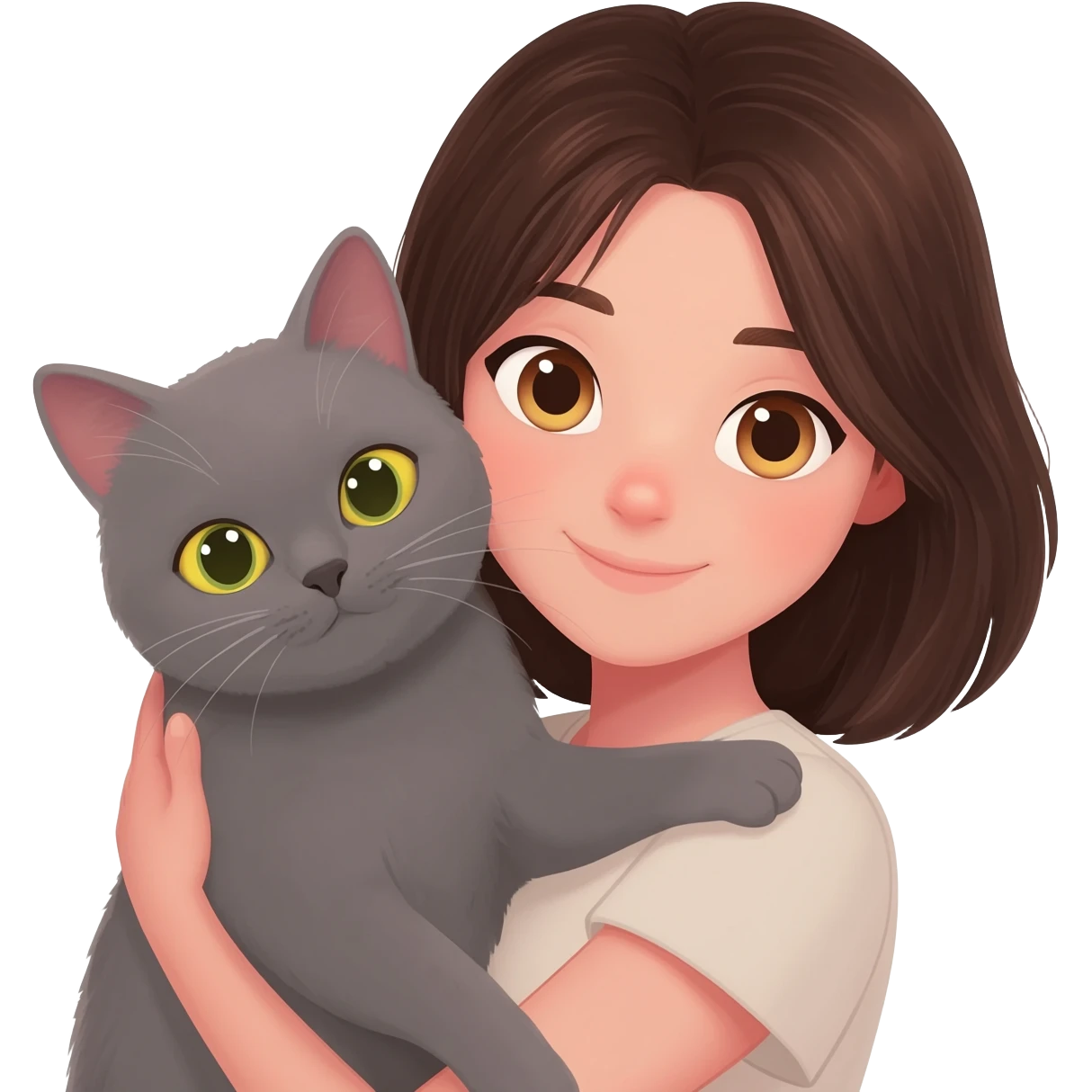 una chica con pelo castaña oscuro y ojos marrones con un gato gris de ojos amarillos casi verdes en brazos emoji
