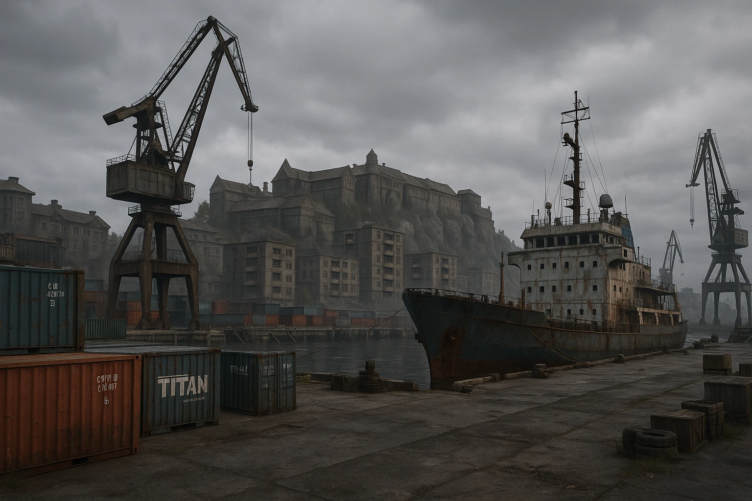 a screenshot of the game DayZ videogame, the city of "solitude" as seen in skyrim, modern evolution, industrial harbor at apartment blocks emoji