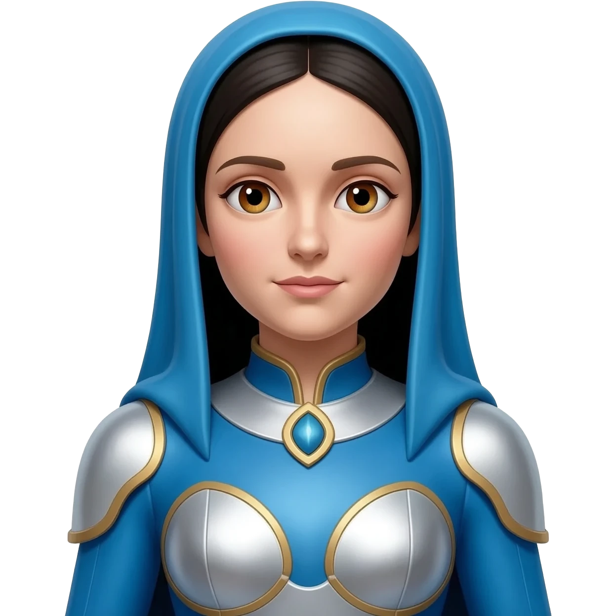 Mary, Mother of God from Christian Mythology with hazel eyes, long black hair, blue and white metallic outfit emoji