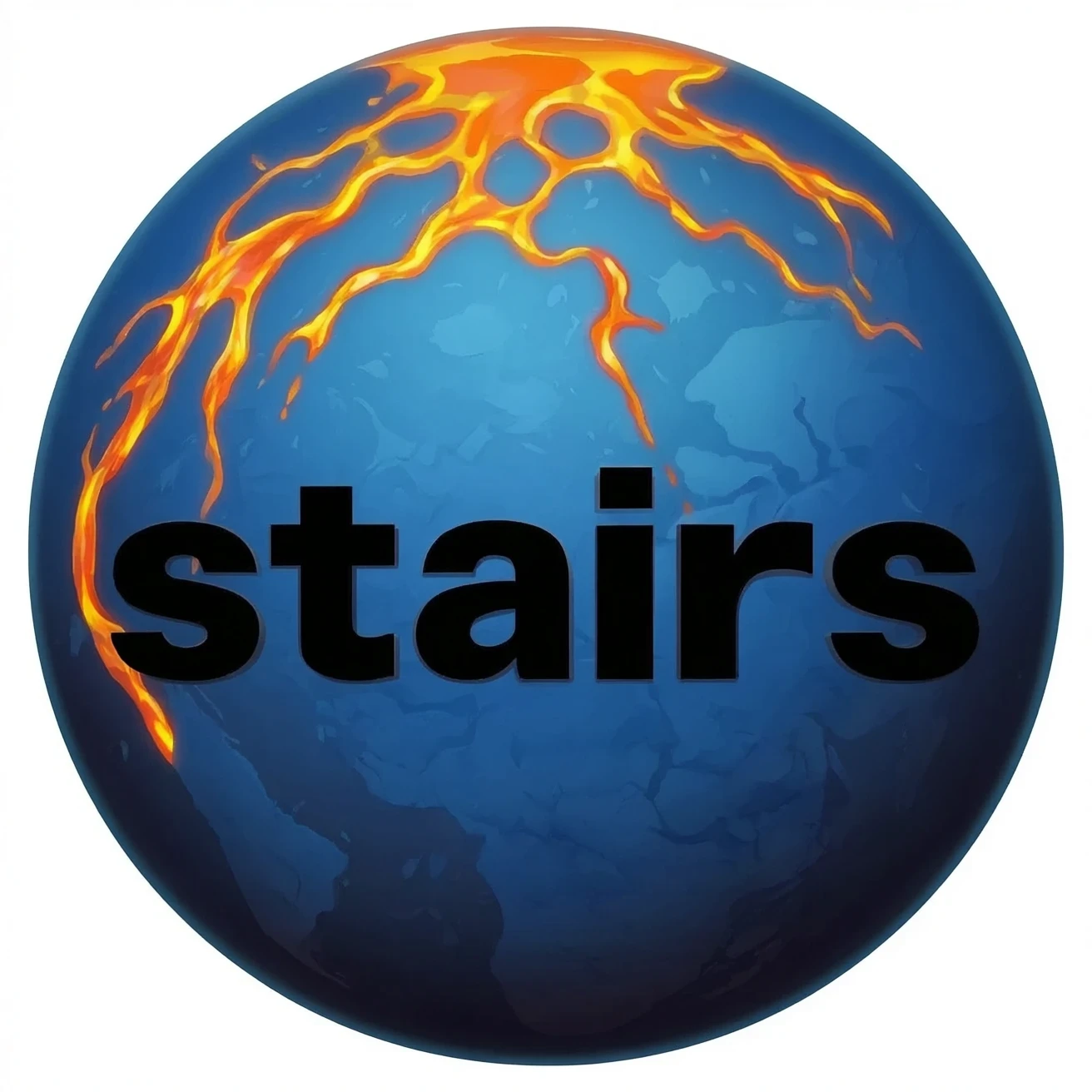 a blue burning planet in a realistic style that has "stairs" written on it in black letters emoji
