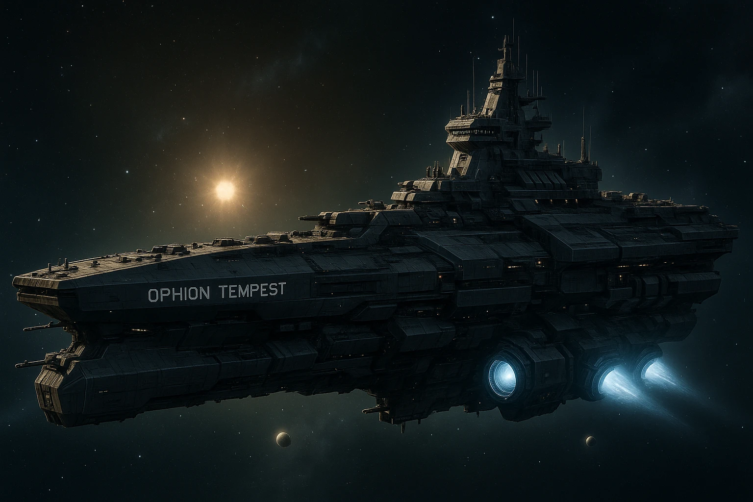 capital class space cruiser supercarrier of Zrian [human] origins, named the "Ophion Tempest" emoji
