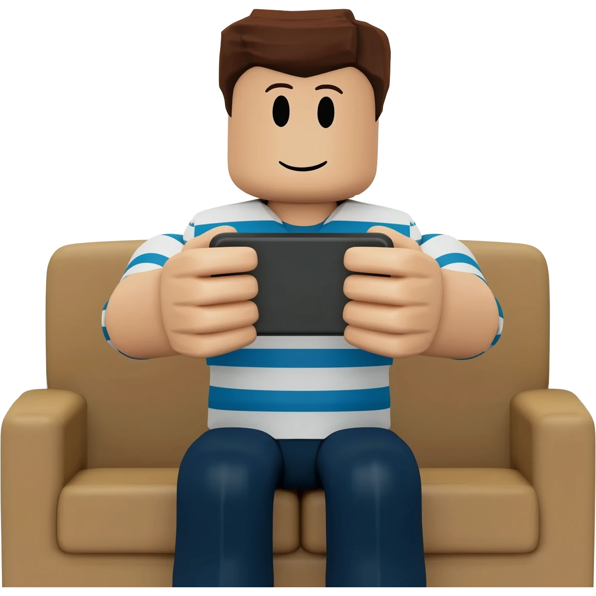 Genera un personaje de roblox con playera de rayas y jugando con su celular tomandolo con las 2 manos y el celular en horizontal sentado en un sillon emoji