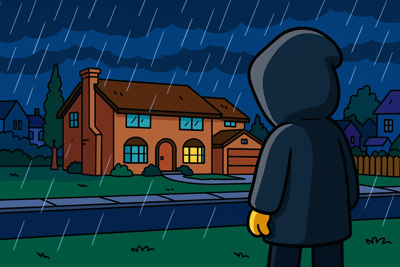 Springfield sous la pluie, la nuit. Une silhouette encapuchonnée observe la maison des Simpson. emoji