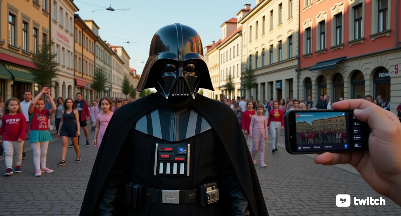 Cinematic still of a darth vader walk through poznan city down town, sunny day, crowd of baby yoadas around him, he is live streaming on twitch, we can see twitch chat ui, selfie camera holding in hand front camera emoji
