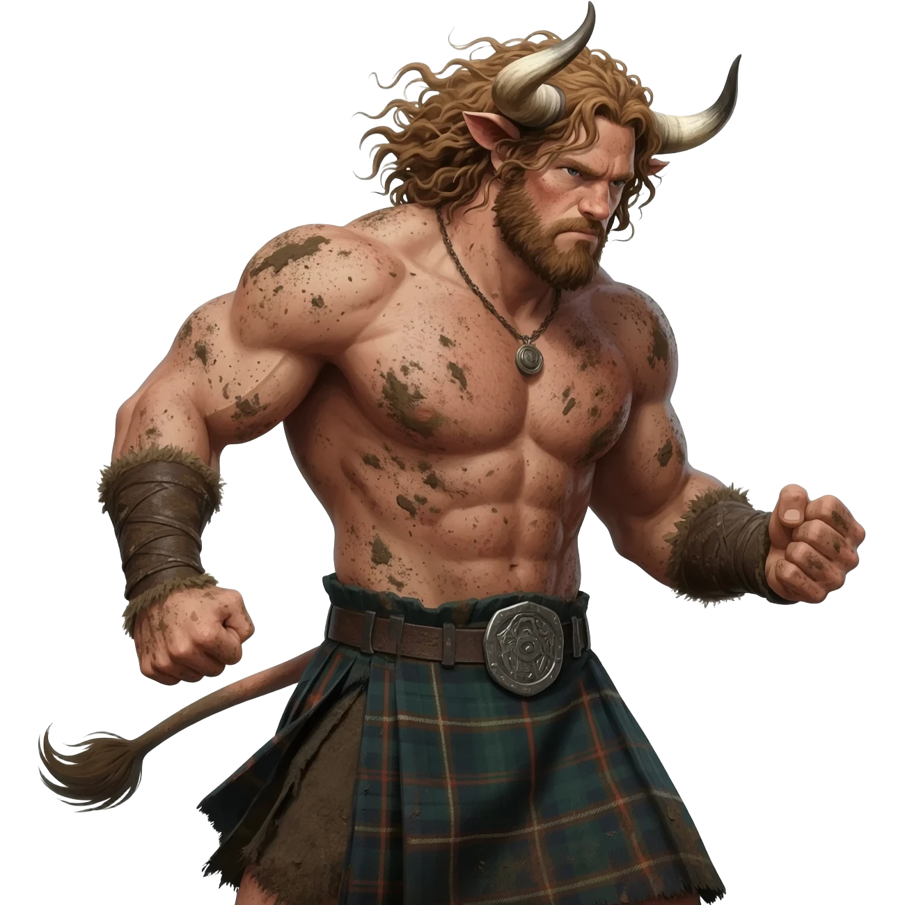 big buff curly hairy man covered in dirt with freckles with messy light brown bangs that covers his face completely with bull horns and bull ears and bull tail dressed in kilt stands in a fighting stance with wind in his hair emoji