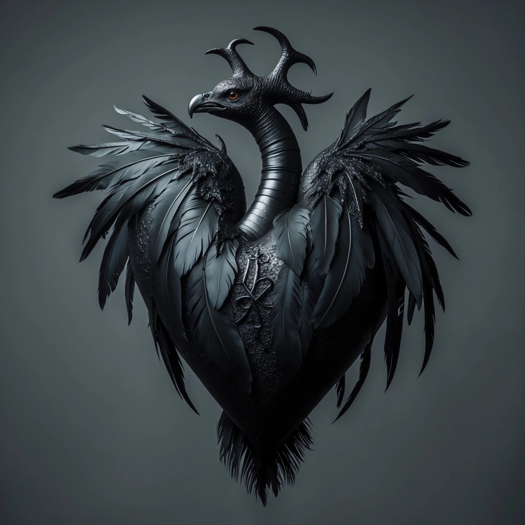 gothic heart with black feathers, phoenix style emoji
