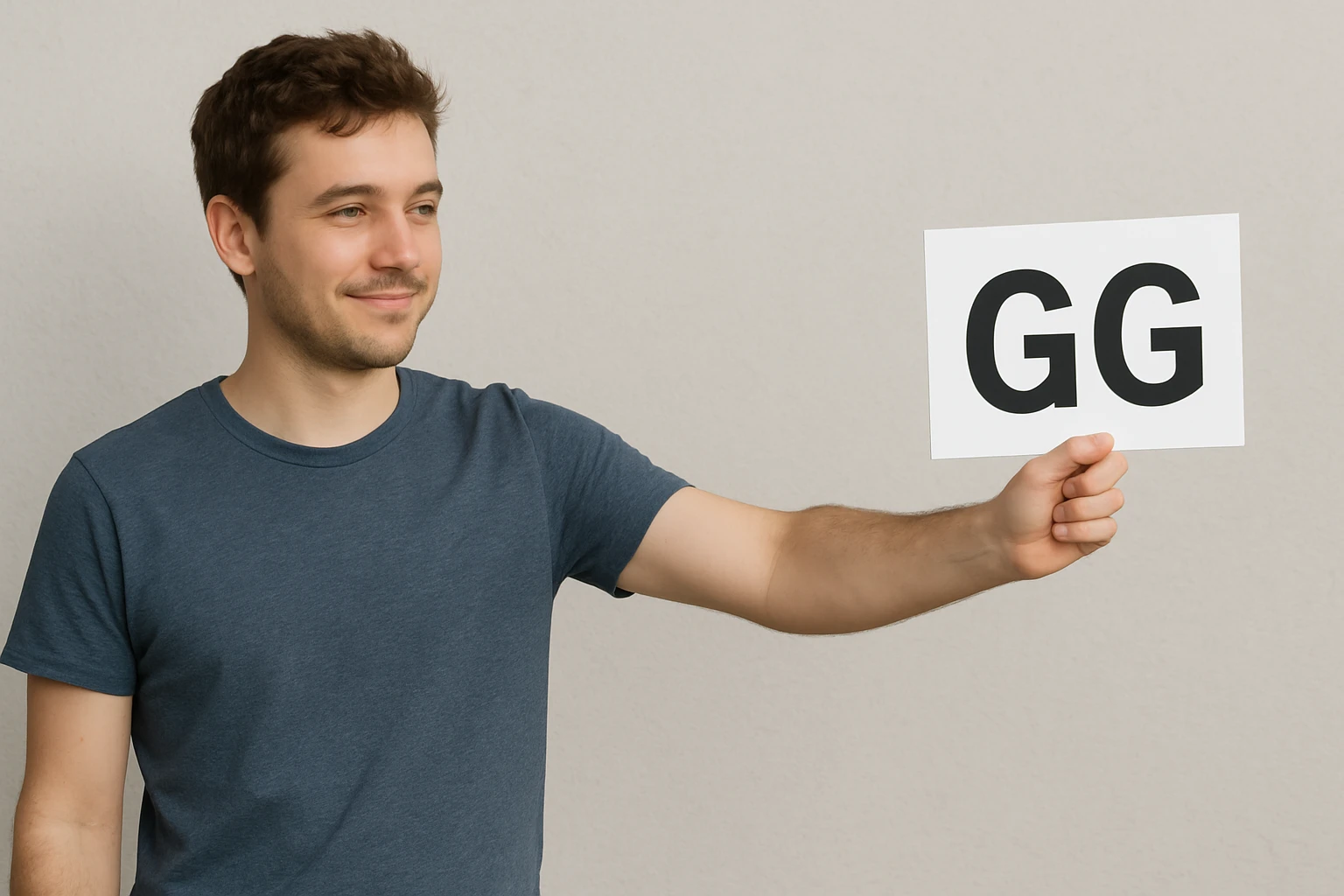 The person in the image is holding the GG sign to the side as if handing it to someone, the person remains the same. emoji