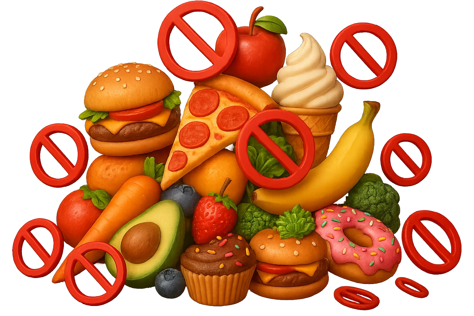 EMOJI STILE IPHONE DI UNa montagna di cibo con divieti 3d sparsi, IPERREALISTICO 4K emoji