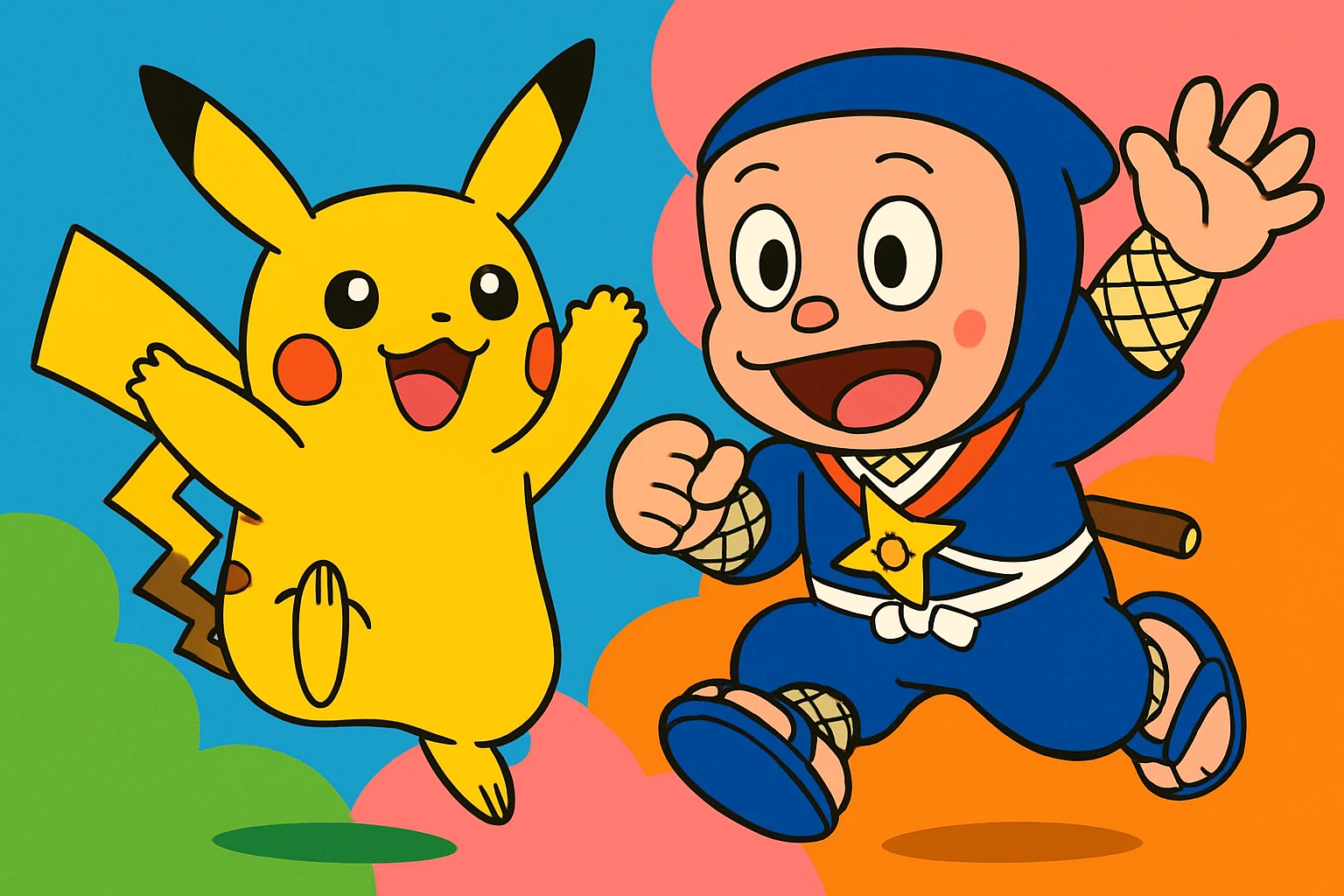 Pokemon and Ninja Hattori together, playful pose, vibrant cartoon style, colorful, dynamic, cheerful emoji