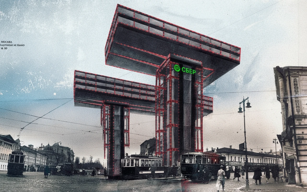 Стилизуй этот горизонтальный небоскреб под Москва-Сити с небольшим красным свечением-подсветкой. Сделай его 2 стойки более высокими, а верхнюю горизонтальную часть - длиннее. Добавь на нее логотип Сбера

Прозрачный фон emoji