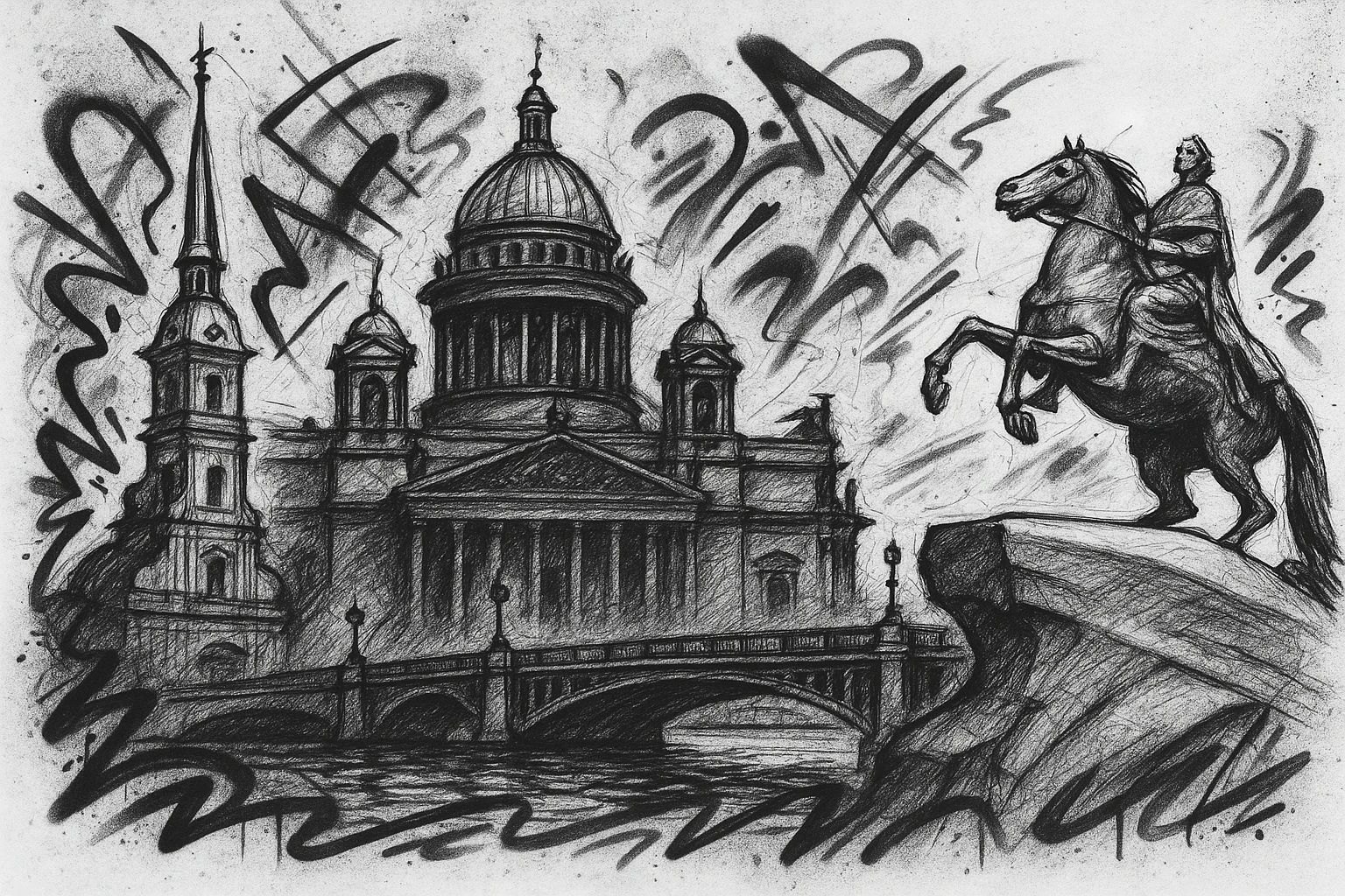 Сделай png рисунок Санкт-Петербурга в стиле граффити. Граффити черно-белое. Надписи не делай.  Рисовка в стиле Да Винчи. emoji