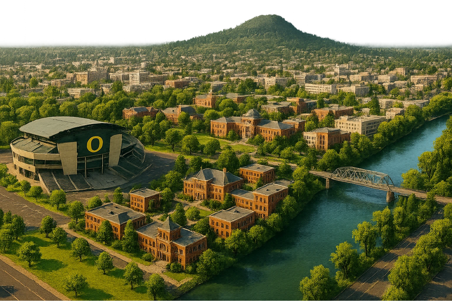 cinematic realistic emoji of Eugene Oregon wide city view with iconic landmarks Autzen Stadium University of Oregon campus Skinner Butte Willamette River lifelike detail accurate colors bright daytime lighting no sky no clouds no city name label transparent background emoji
