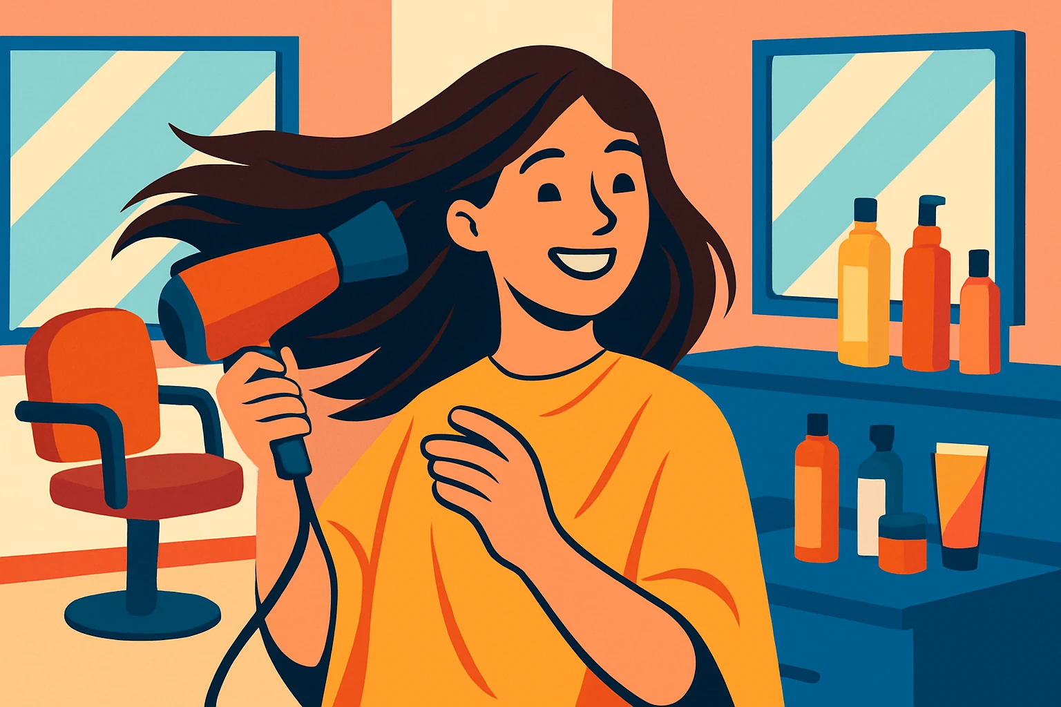 mujer sonriente en la peluquería, secándose el cabello con secador, estilo moderno, detalles de salón de belleza emoji