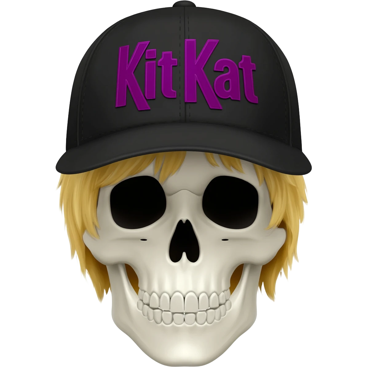 Create a skeleton head wearing a black baseball cap that says "Kit Kat" in dark purple lettering, with blonde hair emoji