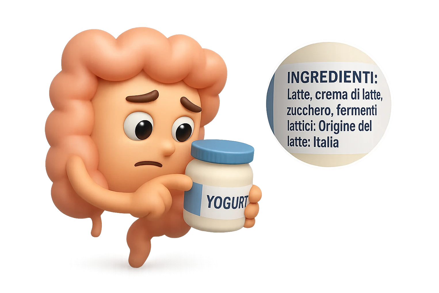 EMOJI STILE IPHONE 3D DI UN INTESTINO CHE HA IN MANO UN BARATTOLO DI YOGURT CONFEZIONATO DA SUPERMERCATO E LEGGE L'ETICHETTA NUTRIZIONALE CON GLI INGREDIENTI IN ITALIANO, ACCANTO ALLO YOGURT CHE HA IN MANO C'è UN FOCUS SULL'ETICHETTA CON GLI INGREDIENTI SCRITTI emoji
