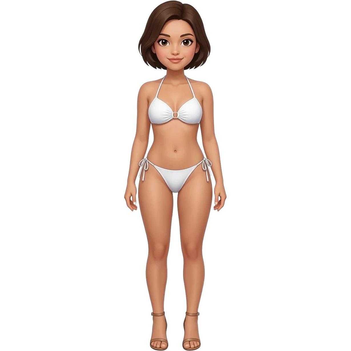 Filipino girl white push up bikini string full body slim stand straight with high heels sandals brown short hair emoji