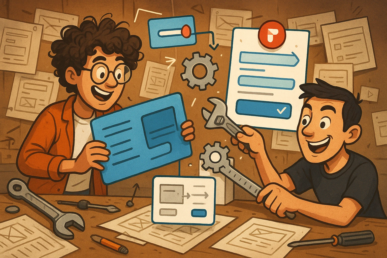 Two designers in a clever, chaotic workshop, one with curly hair and one with short dark hair, using tools like a wrench, ruler, and Figma UI elements to repair and upgrade messy old UI components. They are focused and playful, turning legacy UI into a clean, beautiful interface. emoji