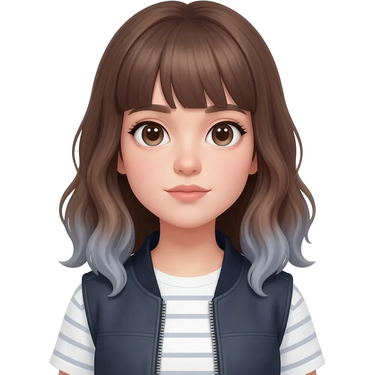 a girl with mid lenght brown wavy long hairs with bangs and ashy tones to the ends. big eyes and soft features , and the head slightly to the side. outfit is white shirt with stripes and a jaket armless on the top emoji