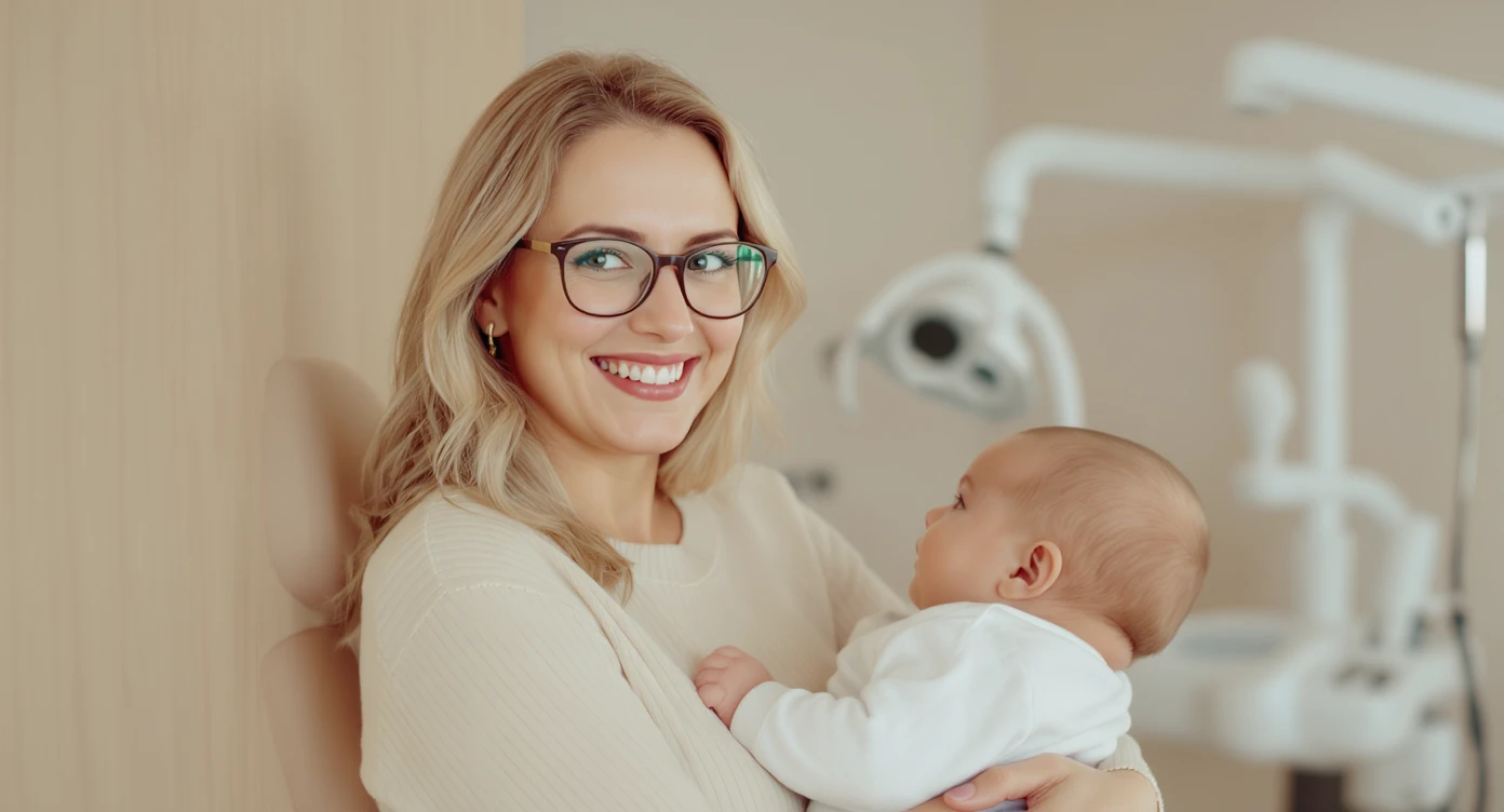 Cinematic still, Proffesional advertising of a smiling european white woman with glasses smiling holding baby, minimalistic ophthalmologist interior in background, leading  lines, "rule of thirds", 60/30/10 colors, soft light, warm colors emoji