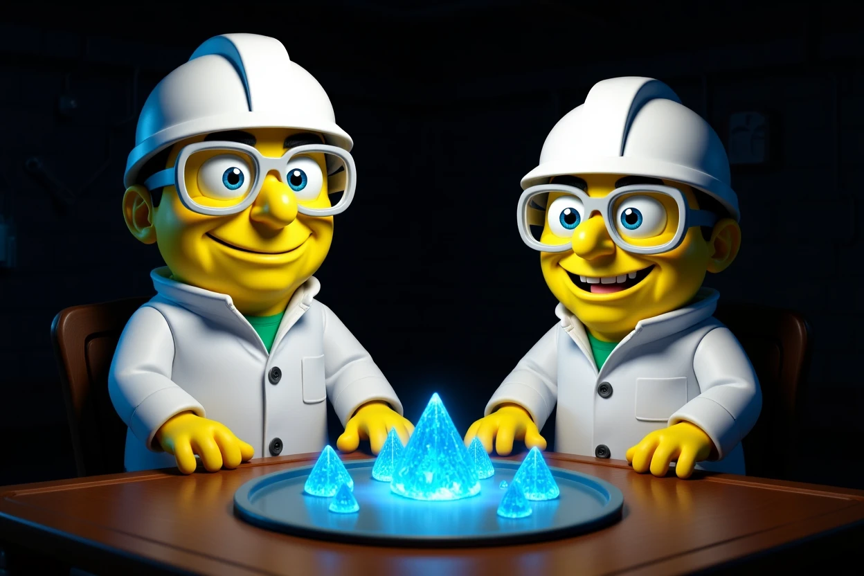 3D cienmatic cartoon shot, spongebob and patric dress in safety glasses and safe white outfit, the are standing front of table with blue crystals on table glowing (light source) science room in basement, back light, Cinema 4d render, proffesional lightning emoji