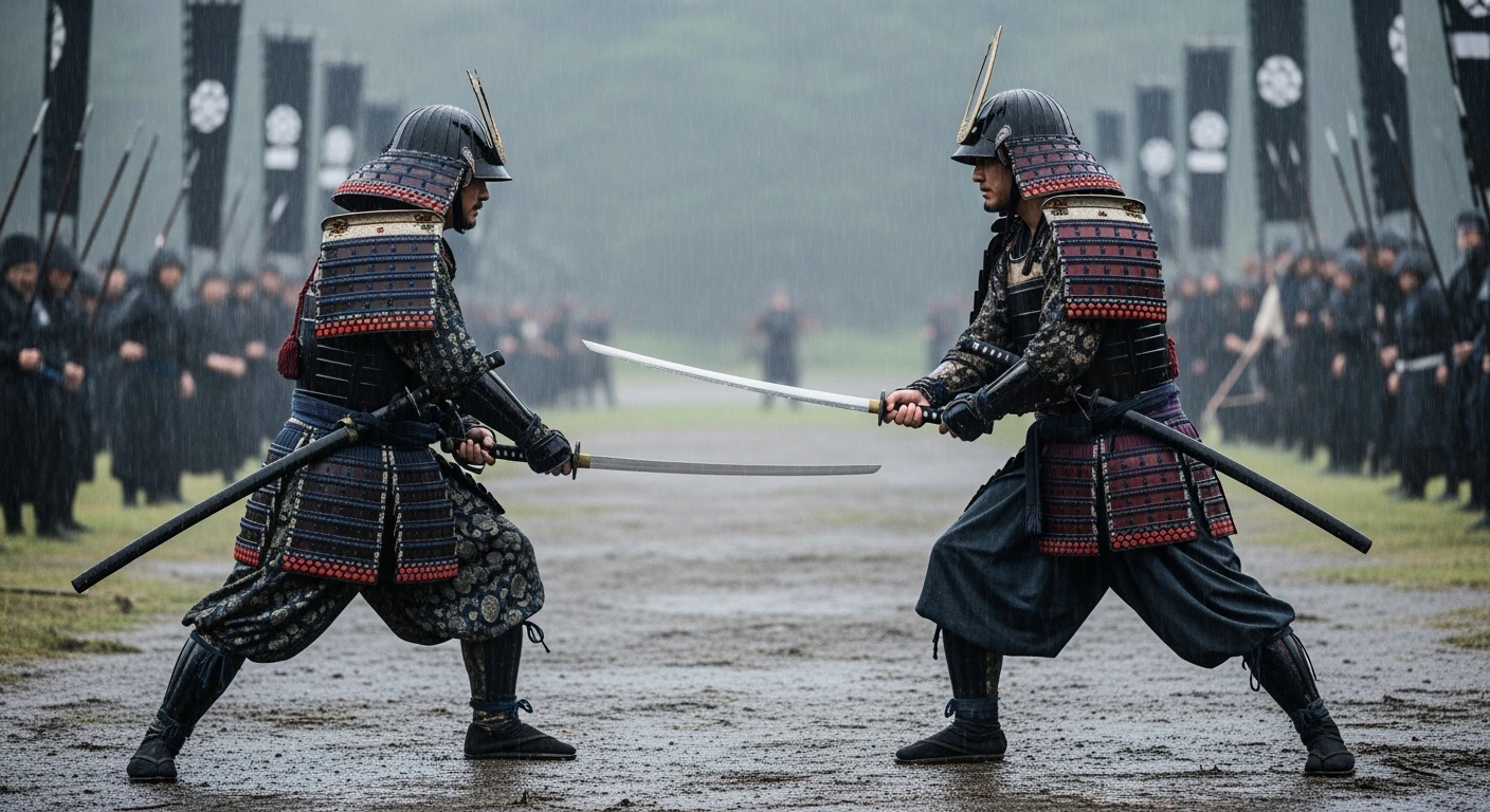 A cinematic scane from 1185, Wide shot of a two japan samurai face to face ready to fight during rain, deph composition, tense atmosphere, captured by by arri alexa, film directed by wes anderson emoji