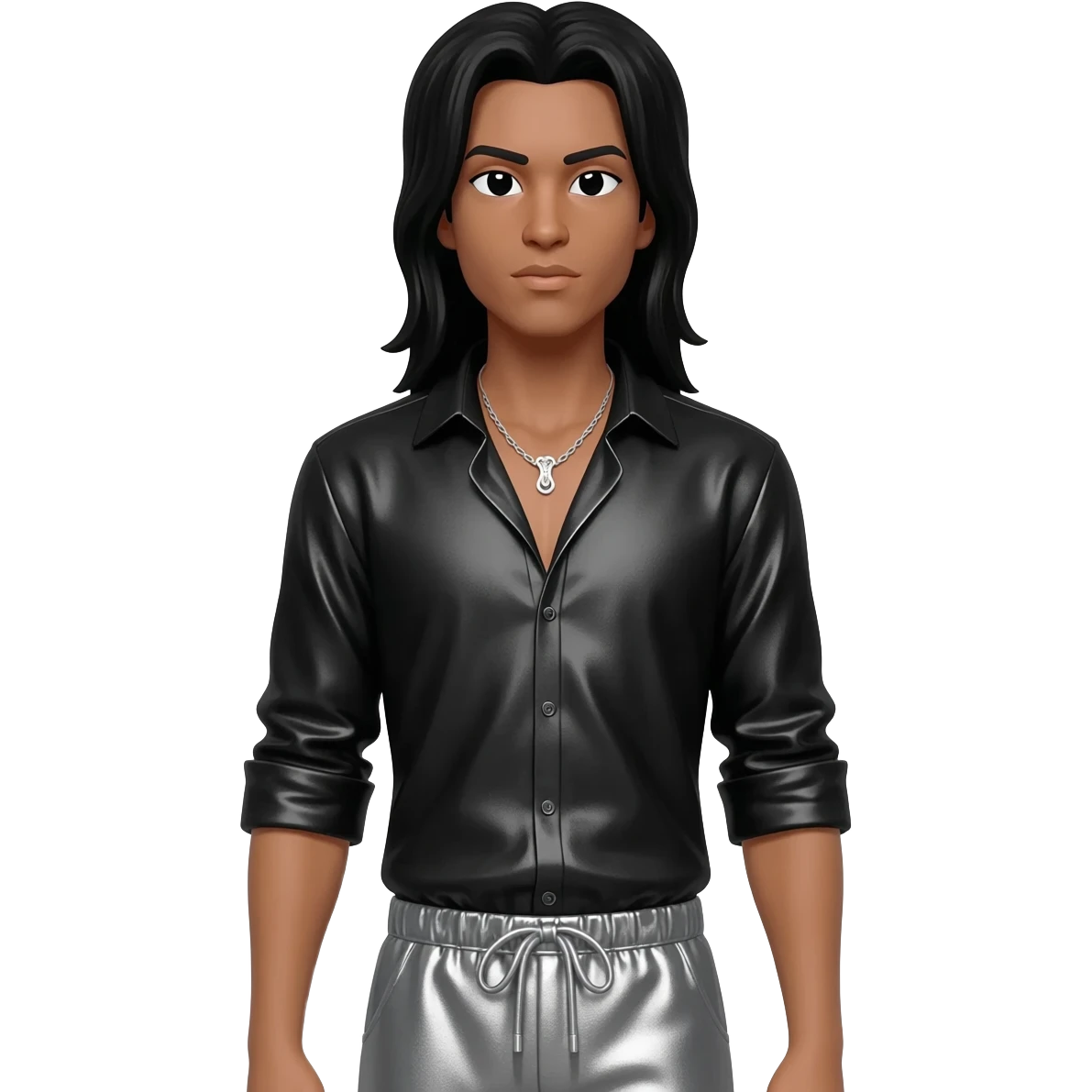 Bizzy Bone with long black hair, black metallic shirt, gray metallic harem pants, silver necklace emoji