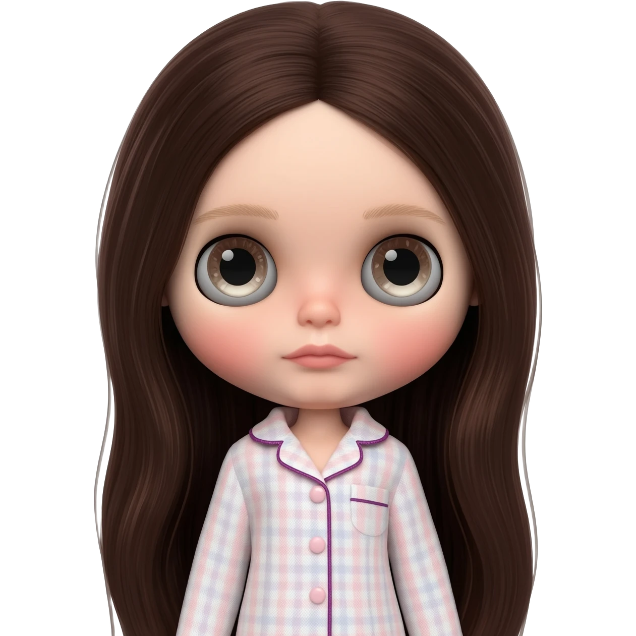 Make me an emoji that is wearing pajamas maker her a Blythe doll type emojiMake her hair longer Make her hair darker Make her hair a darker brown give her pale skin Maker more peach white pale emoji