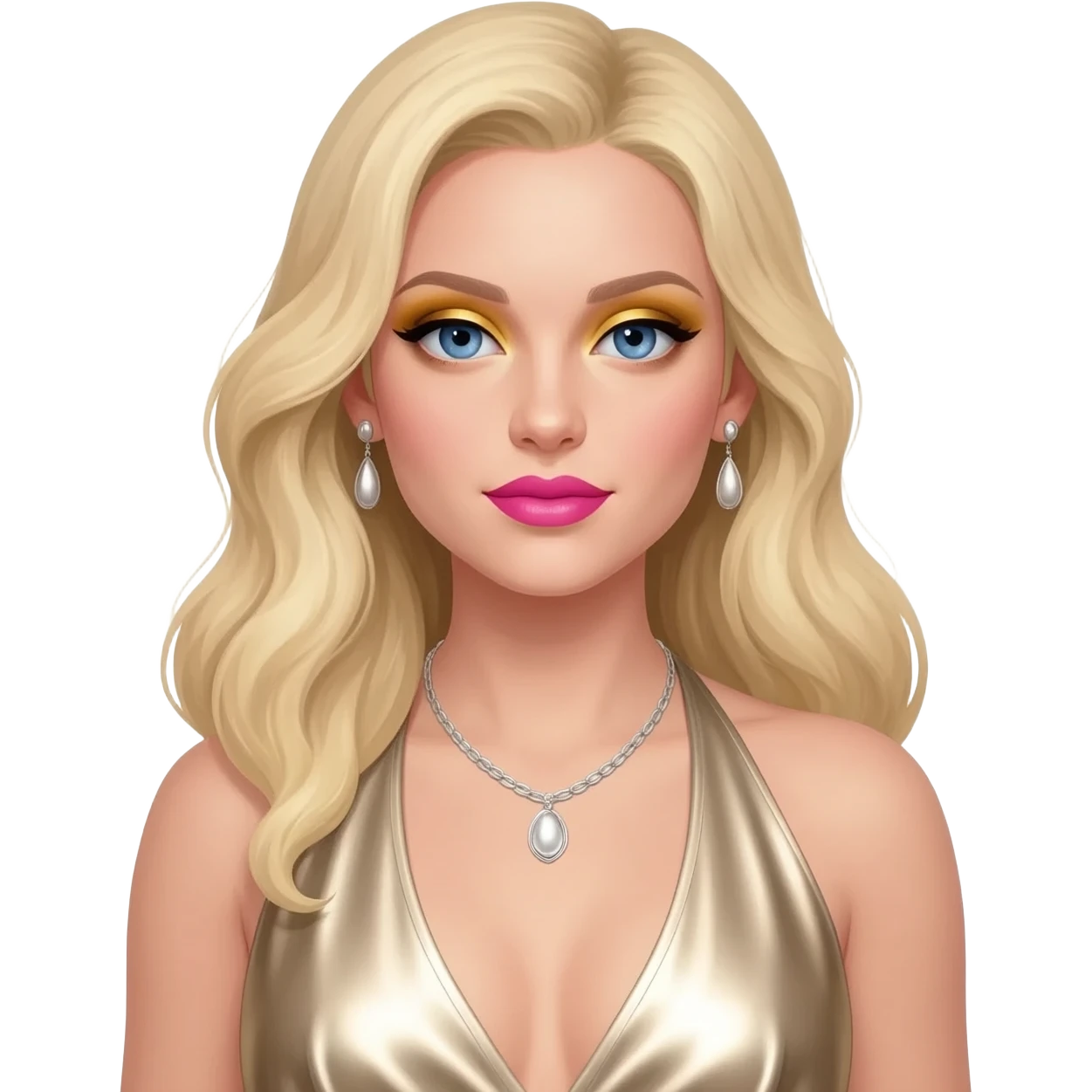 Madonna with blue eyes, long blonde hair, gold eyeshadow, hot pink lipstick, ivory metallic halter dress, silver necklace and earrings emoji