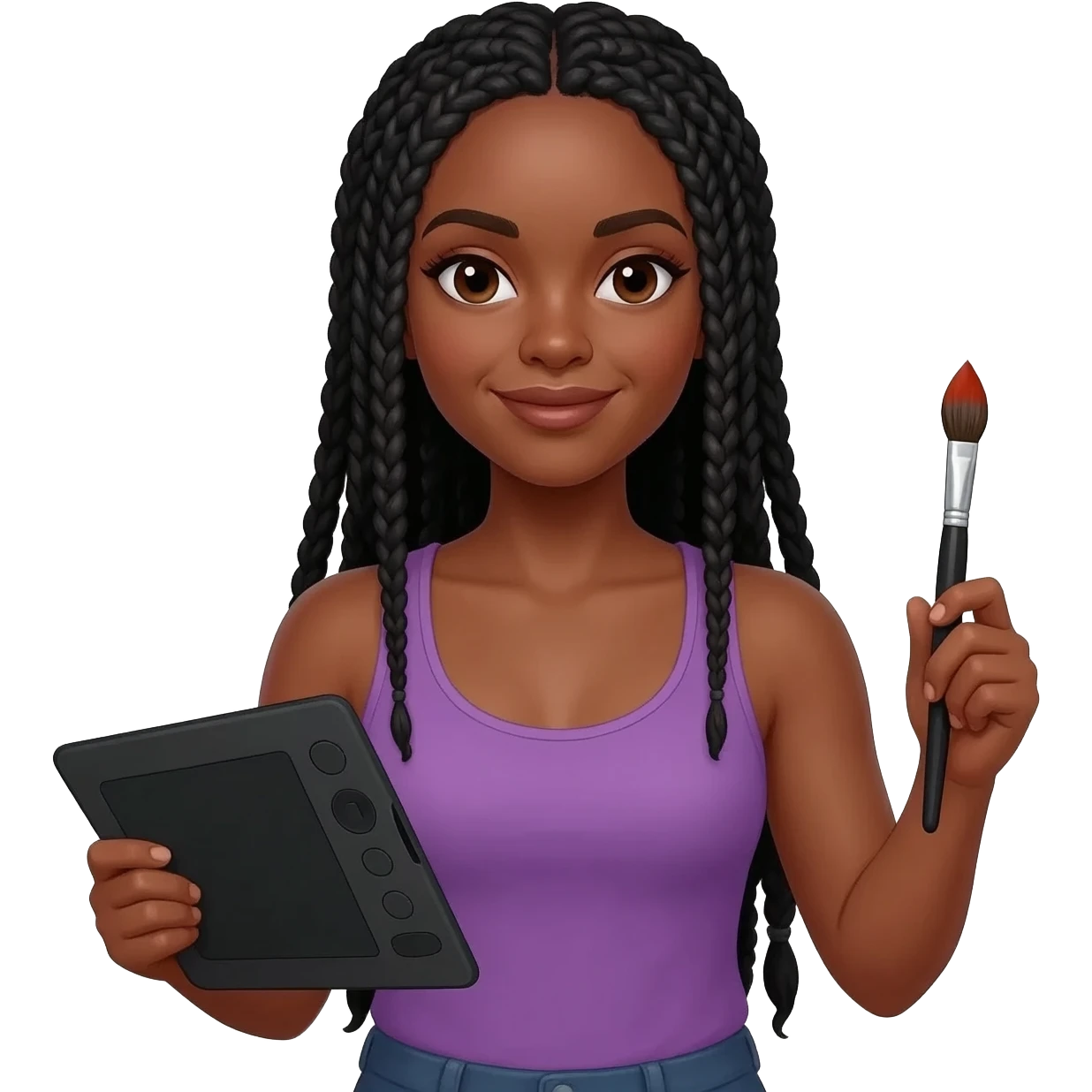 Emoji représentant une femme à la peau marron avec de longues braids noires et portant un beau débardeur violet, tenant une tablette graphique dans une main et un pinceau dans l’autre emoji