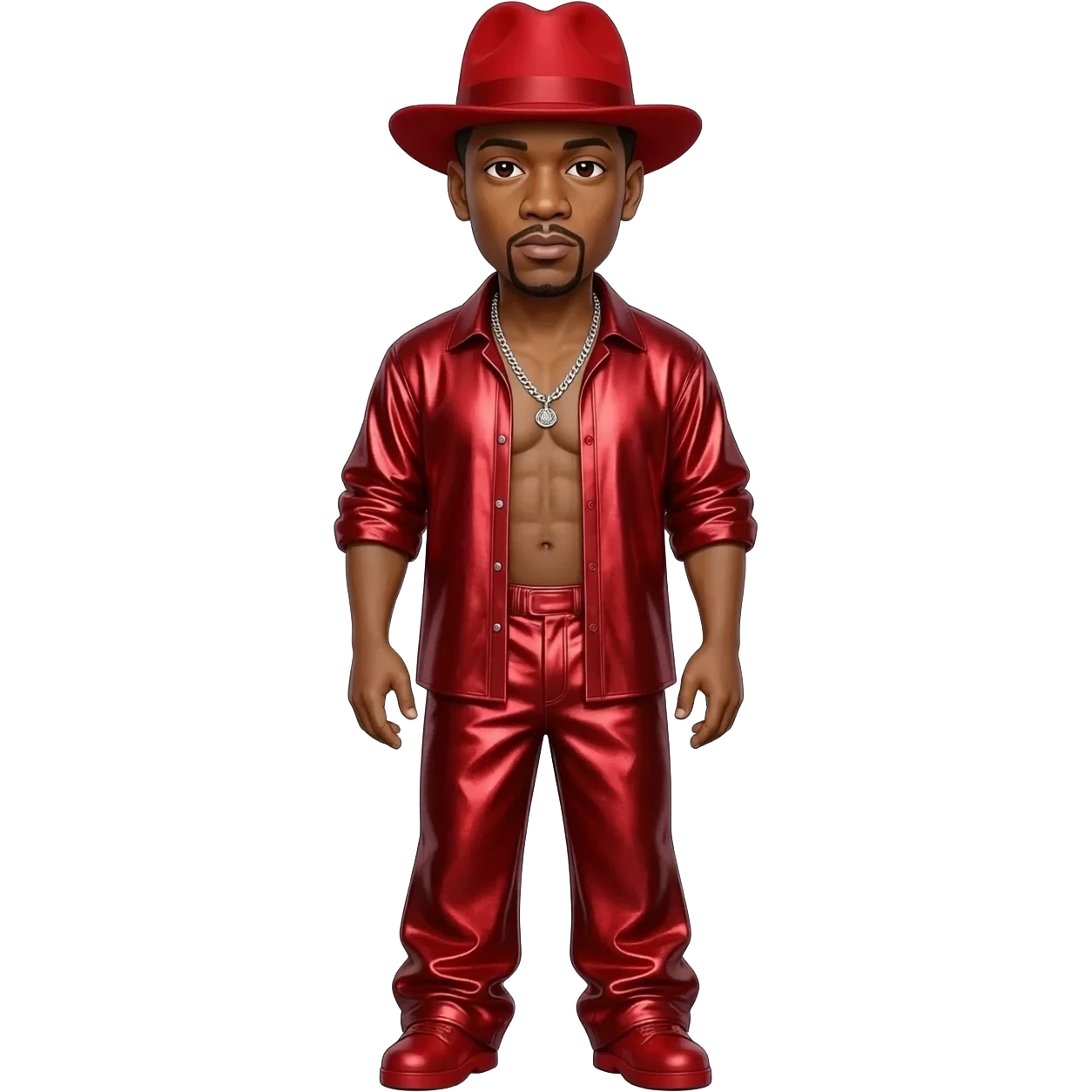LL Cool J with dark brown eyes, red hat, red metallic open shirt, red metallic baggy pants shirtless with silver necklace emoji