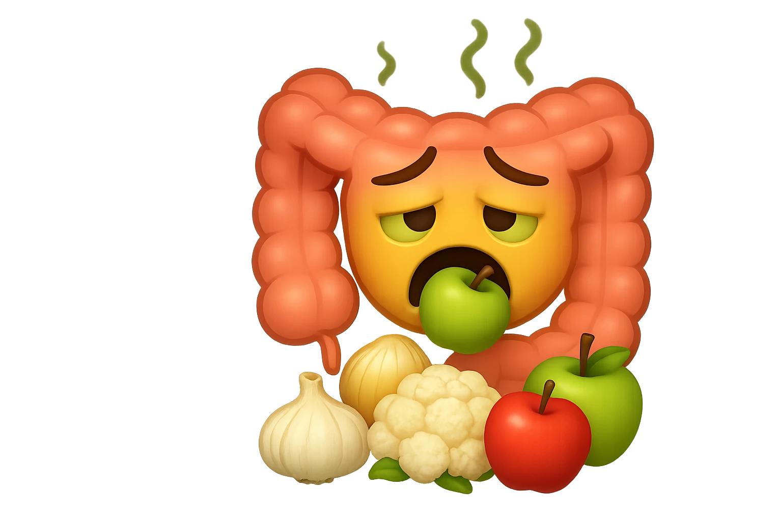 EMOJI STILE IPHONE DI UN INTESTINO UMANO IN CRISI PERCHé STA MALE, IN BOCCA HA UNA MELA E DAVANTI A LUI C'è UNA MONTAGNA DI aglio, cipolle, cavolfiore e mele emoji