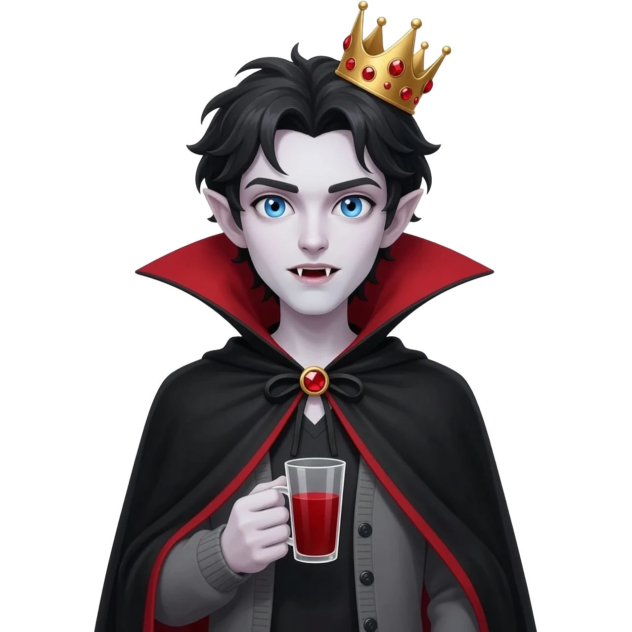 vampire prince, messy dark hair, bright blue eyes, small fangs, slightly pointed ears, golden crown with red gems, black cape with red lining, grey cardigan, gothic fantasy style, drinking blood from a cup, hyperrealistic emoji