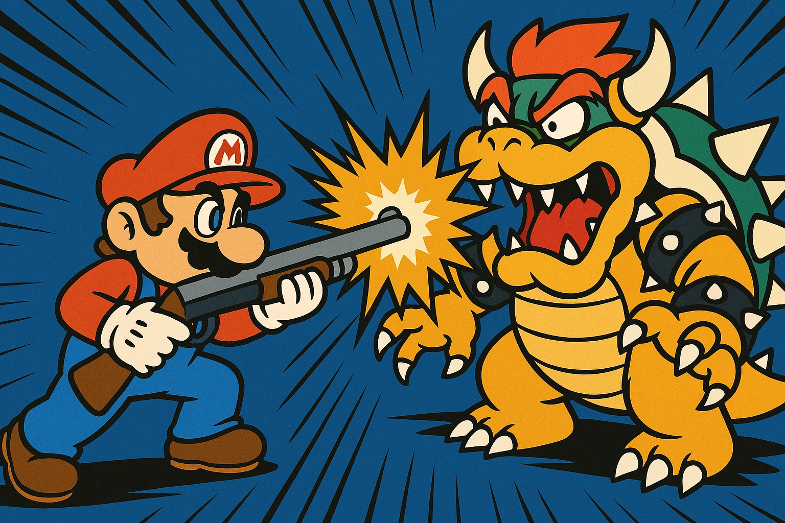 Mario firing a shotgun at Bowser, comic book action lines, dramatic scene, cartoon style emoji