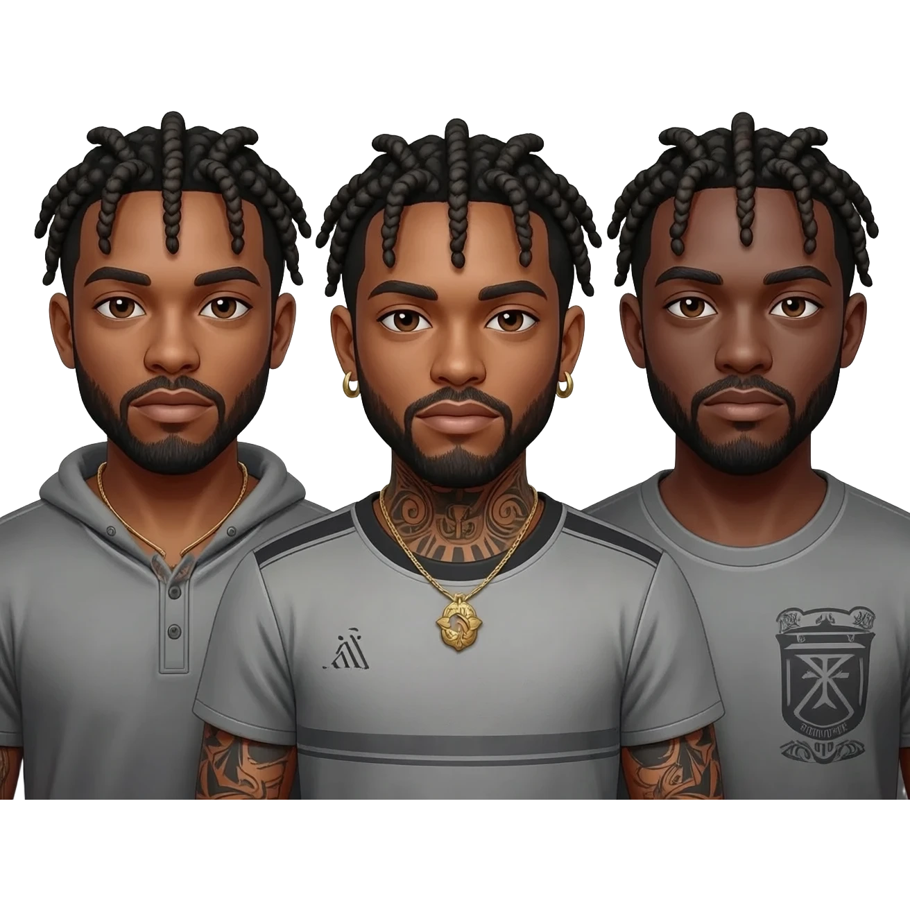 Un groupe d'hommes afro-américains aux cheveux tressés, portant des tattouages emoji