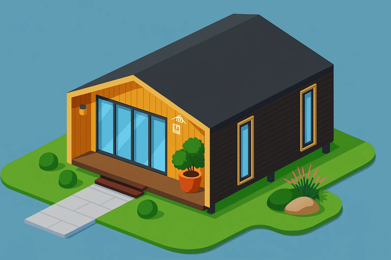 isometric illustration of the building. 3D isometric infographic design. Clean lines, bright and saturated colors, minimal unnecessary details. View from above at an angle (isometric), showing the roof, facade, and part of the surrounding area. Soft shadows, daylight lighting, no harsh contrasts. Background should be solid (blue, gray, or light tone). Add a small area around the building (roads, tiles, grass) so the building looks complete. Accurately represent the architectural features of the building (roof shape, facade, colors). Final style should be neat and polished, similar to posters or educational infographics. emoji