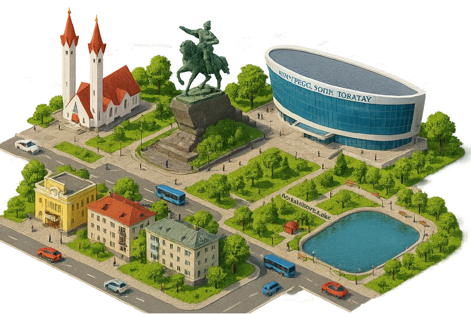 Изометричная чёткая миниатюрная фотореалистичная 3D модель панорамы Уфы — Ляля-Тюльпан, Памятник Салавату Юлаеву, Конгресс-холл Торатау, Кинотеатр «Родина», Парк Якутова и озеро Солдатское, дома, люди, автотранспорт. Вид сверху в изометрии, яркие цвета, прозрачный фон, компактная композиция. emoji