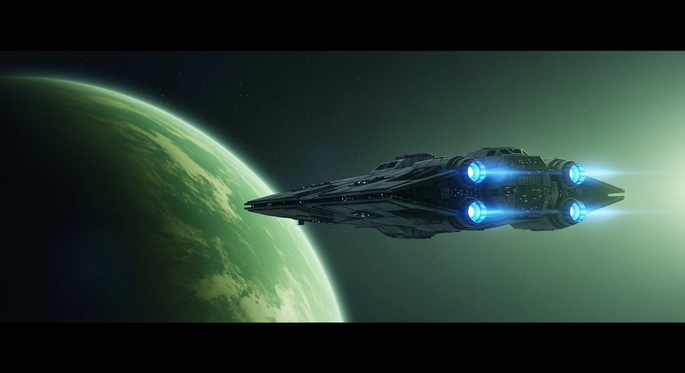 cinematic still, single starship, greem planet in distance, inspired by StarWars movie, captured by arri alexa  emoji