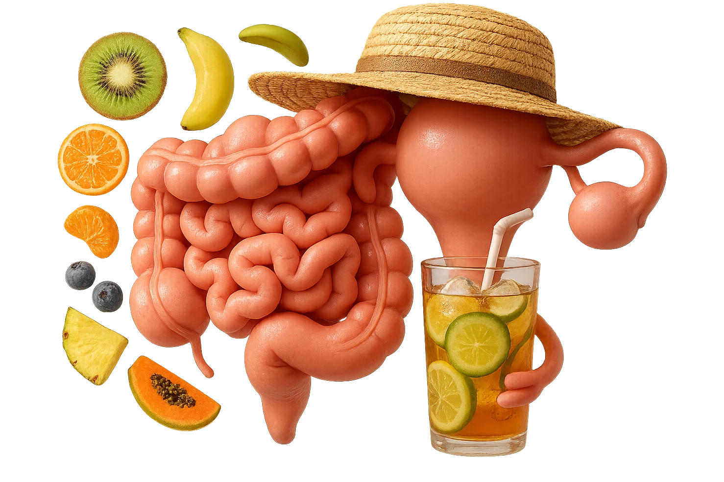 EMOJI STILE IPHONE DI INTESTINO E UTERO UMANI REALISTICI CON CAPPELLO DI PAGLIA DA SPIAGGIA CHE BEVE UN Tè FREDDO IN BICCHIERE DI VETRO CON DENTRO  fette di cetriolo, limone, lime, DIETRO L'INTESTINO FLUTTUANO PEZZETTI DI Kiwi
Banana acerba
Arance e mandarini
Mirtilli
Ananas
Papaya
IPERREALISTICO 4K emoji