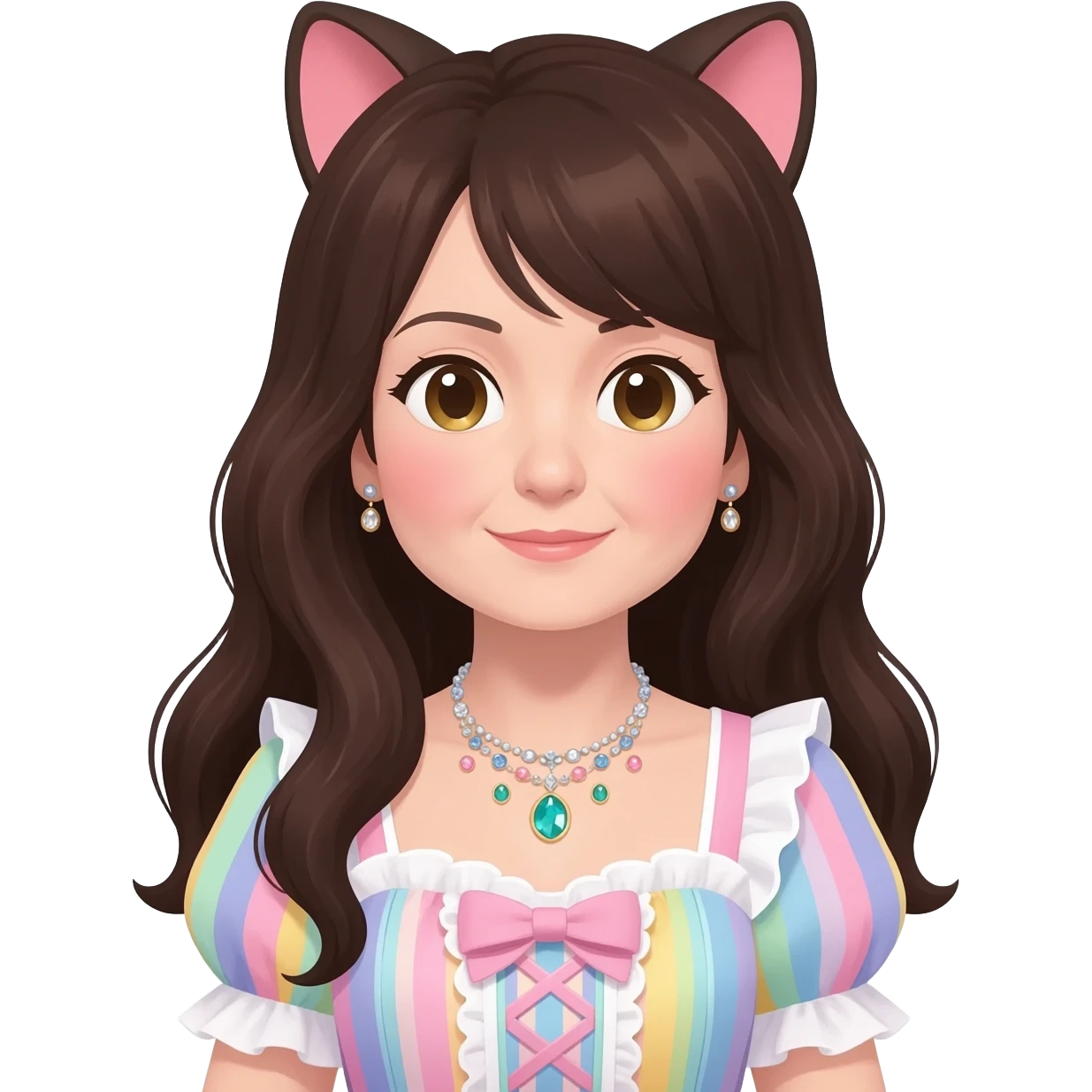 Gorgeous spectacular epic realistic mature anime-styled smooth soft shiny romantic pastel anime style lady with blushing cheeks, cat ears, long beautiful luscious stylish hair, big pretty eyes, dark-brown hair, colorful pastel Lolita dress, necklaces, jewels emoji